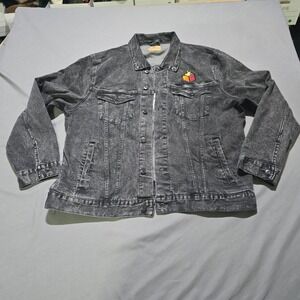 Threadfast Denim Jacket Mens 2XL Black Acid Wash Flaming Box Patch Trucker